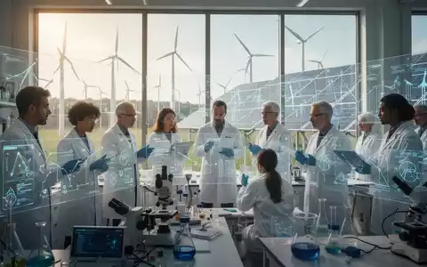 Wissenschaftler und Ingenieure in einem modernen Labor, die Daten zu erneuerbaren Energien analysieren, mit Windturbinen und Solarpaneelen im Hintergrund. - Foto: über boerse-global.de
