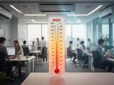 Ein Thermometer zeigt hohe Temperaturen in einem modernen Büroumfeld an, mit verschwommenen Büroangestellten im Hintergrund. - Foto: über boerse-global.de