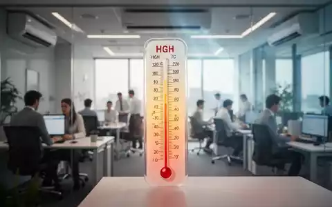 Ein Thermometer zeigt hohe Temperaturen in einem modernen Büroumfeld an, mit verschwommenen Büroangestellten im Hintergrund. - Foto: über boerse-global.de