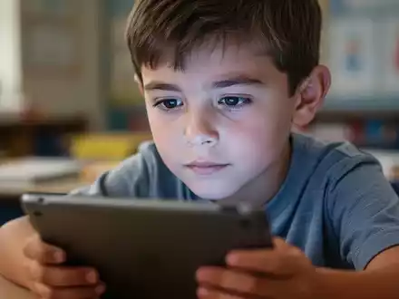 Ein nachdenkliches Grundschulkind blickt auf einen unscharfen Tablet-Bildschirm, der sein Gesicht leicht beleuchtet. - Foto: über boerse-global.de