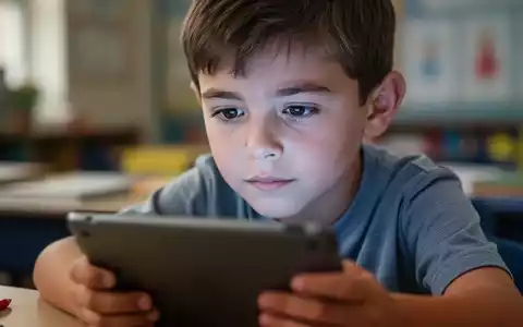 Ein nachdenkliches Grundschulkind blickt auf einen unscharfen Tablet-Bildschirm, der sein Gesicht leicht beleuchtet. - Foto: über boerse-global.de