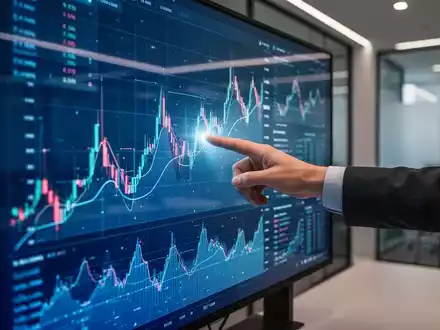 Eine Hand zeigt auf einen beleuchteten interaktiven Bildschirm mit abstrakten Finanzdiagrammen in einem modernen Büro. - Foto: über boerse-global.de