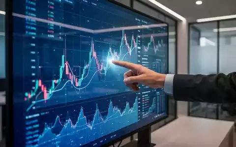Eine Hand zeigt auf einen beleuchteten interaktiven Bildschirm mit abstrakten Finanzdiagrammen in einem modernen Büro. - Foto: über boerse-global.de