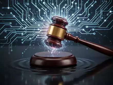 Leuchtende neuronale Netzwerkplatine, die mit traditionellem Richterhammer auf dunkler Oberfläche verschmilzt. - Foto: über boerse-global.de