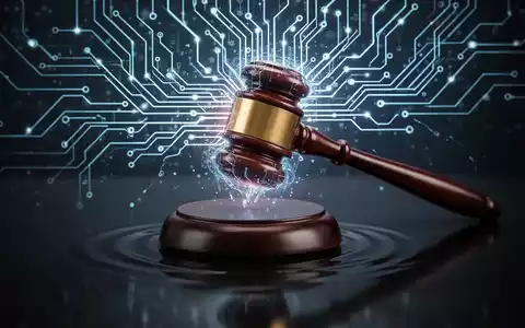 Leuchtende neuronale Netzwerkplatine, die mit traditionellem Richterhammer auf dunkler Oberfläche verschmilzt. - Foto: über boerse-global.de