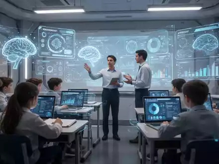 Schüler und Lehrer in einem modernen Klassenzimmer interagieren mit holografischen Displays, die KI-Lernwerkzeuge und Daten zeigen. - Foto: über boerse-global.de