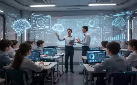 Schüler und Lehrer in einem modernen Klassenzimmer interagieren mit holografischen Displays, die KI-Lernwerkzeuge und Daten zeigen. - Foto: über boerse-global.de