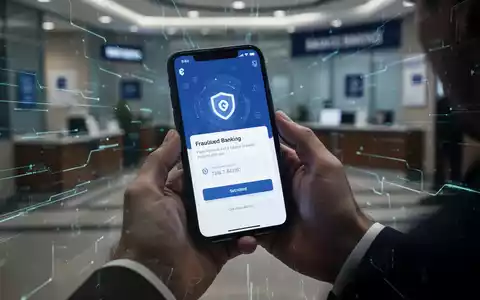 Hände halten ein Smartphone mit einer betrügerischen Banking-App, im Hintergrund verschwommene digitale Linien und ein Bankinterieur. - Foto: über boerse-global.de