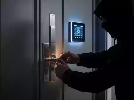 Eine dunkle Silhouette versucht, ein Schloss an einer modernen, sicheren Wohnungstür zu knacken, mit einem leichten Schein von einem digitalen Sicherheitspanel. - Foto: über boerse-global.de
