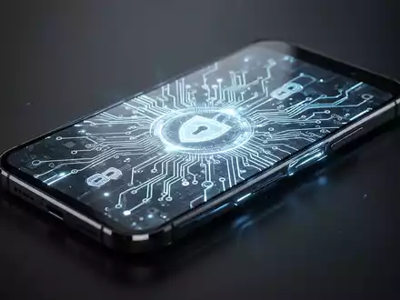 Schlankes Smartphone mit leuchtendem Schaltkreisdesign unter transparentem Bildschirm, symbolisiert Sicherheit und Software-Updates. - Foto: über boerse-global.de