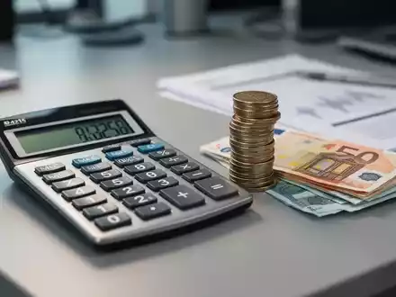 Ein Taschenrechner zeigt Zahlen, daneben Stapel von Münzen und Geldscheine auf einem Schreibtisch, unscharfer Hintergrund. - Foto: über boerse-global.de