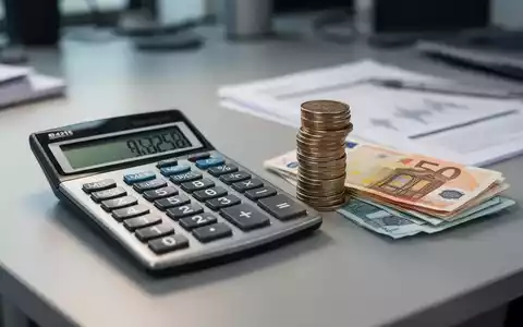 Ein Taschenrechner zeigt Zahlen, daneben Stapel von Münzen und Geldscheine auf einem Schreibtisch, unscharfer Hintergrund. - Foto: über boerse-global.de