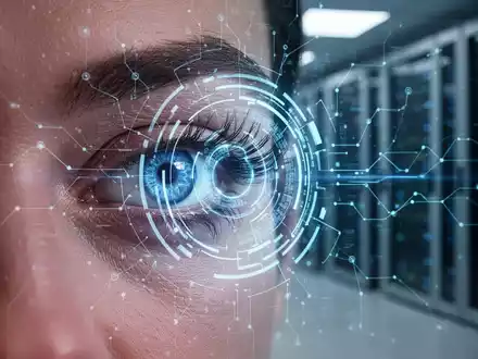 Nahaufnahme eines Auges, das von einer leuchtend blauen biometrischen Schnittstelle mit digitalen Overlays gescannt wird, symbolisiert KI-gesteuerte Sicherheit. - Foto: über boerse-global.de