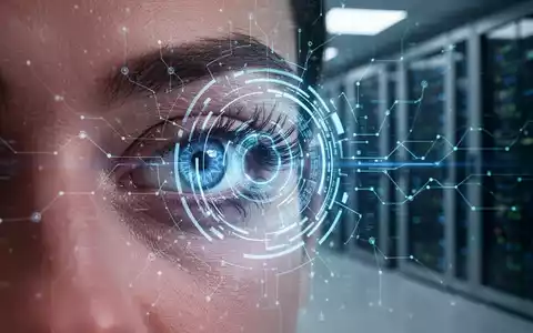 Nahaufnahme eines Auges, das von einer leuchtend blauen biometrischen Schnittstelle mit digitalen Overlays gescannt wird, symbolisiert KI-gesteuerte Sicherheit. - Foto: über boerse-global.de