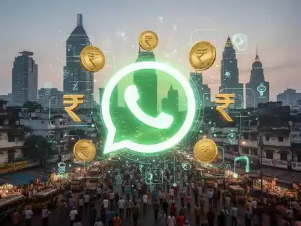 WhatsApp-Logo leuchtet, verflochten mit Rupien-Symbolen und digitalen Zahlungsgrafiken, vor moderner indischer Stadtsilhouette in der Dämmerung. - Foto: über boerse-global.de