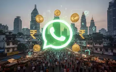 WhatsApp-Logo leuchtet, verflochten mit Rupien-Symbolen und digitalen Zahlungsgrafiken, vor moderner indischer Stadtsilhouette in der Dämmerung. - Foto: über boerse-global.de