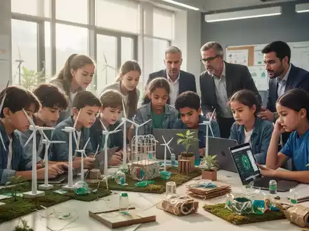 Junge Menschen und Erwachsene arbeiten gemeinsam in einem modernen Klassenzimmer an Nachhaltigkeitsprojekten, umweltfreundliche Materialien und Technik. - Foto: über boerse-global.de