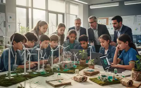 Junge Menschen und Erwachsene arbeiten gemeinsam in einem modernen Klassenzimmer an Nachhaltigkeitsprojekten, umweltfreundliche Materialien und Technik. - Foto: über boerse-global.de