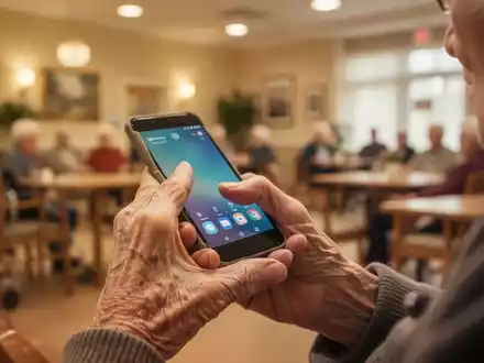 Eine ältere Hand hält ein Telefon, im Hintergrund verschwommen ein lebhaftes Gemeinschaftszentrum. - Foto: über boerse-global.de