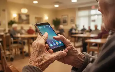 Eine ältere Hand hält ein Telefon, im Hintergrund verschwommen ein lebhaftes Gemeinschaftszentrum. - Foto: über boerse-global.de