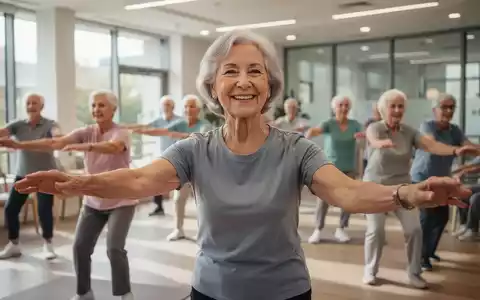 Eine ältere Frau lächelt bei einer sanften Gymnastikübung in einem hellen Gemeindezentrum, umgeben von anderen Senioren. - Foto: über boerse-global.de
