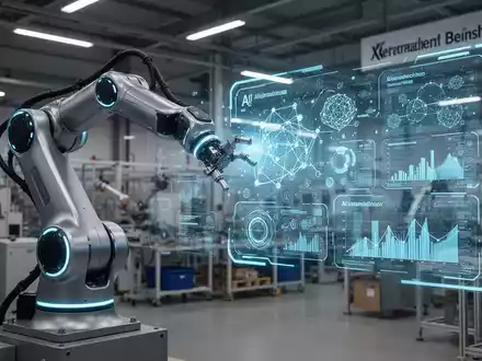 Roboterarm mit blauen Akzenten interagiert mit holografischer Oberfläche in moderner deutscher Fabrik, symbolisiert KI in Robotik-Training. - Foto: über boerse-global.de