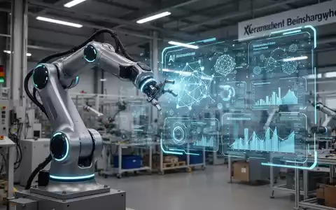 Roboterarm mit blauen Akzenten interagiert mit holografischer Oberfläche in moderner deutscher Fabrik, symbolisiert KI in Robotik-Training. - Foto: über boerse-global.de