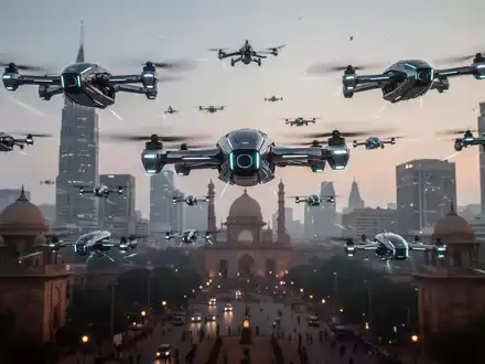 Ein Schwarm futuristischer Drohnen fliegt in Formation über eine moderne Stadtsilhouette Delhis in der Dämmerung, was fortschrittliche Technologie betont. - Foto: über boerse-global.de