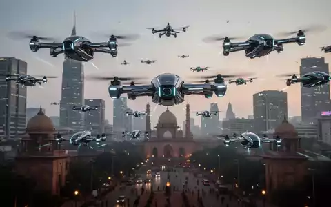 Ein Schwarm futuristischer Drohnen fliegt in Formation über eine moderne Stadtsilhouette Delhis in der Dämmerung, was fortschrittliche Technologie betont. - Foto: über boerse-global.de