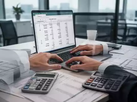 Hände tippen auf einer Laptoptastatur, umgeben von Finanzdokumenten und einem Taschenrechner auf einem Schreibtisch. - Foto: über boerse-global.de