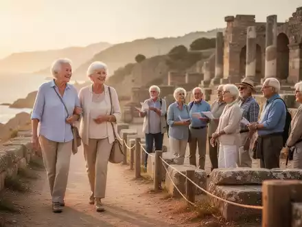 Ein älteres Paar lachend beim Spaziergang am Strand, im Hintergrund eine Gruppe Senioren bei einer geführten Tour. - Foto: über boerse-global.de