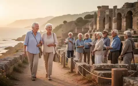 Ein älteres Paar lachend beim Spaziergang am Strand, im Hintergrund eine Gruppe Senioren bei einer geführten Tour. - Foto: über boerse-global.de