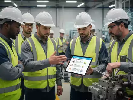 Arbeiter besprechen Sicherheitsvorschriften auf einer Baustelle, mit Fokus auf digitale und technische Aspekte der Arbeitssicherheit. - Foto: über boerse-global.de