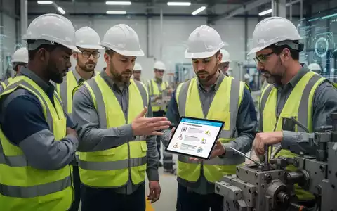 Arbeiter besprechen Sicherheitsvorschriften auf einer Baustelle, mit Fokus auf digitale und technische Aspekte der Arbeitssicherheit. - Foto: über boerse-global.de