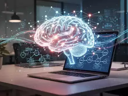 Leuchtendes, abstraktes KI-Gehirn über modernem Schreibtisch mit Laptop, Symbol für KI-Tools und Automatisierung im Büro. - Foto: über boerse-global.de