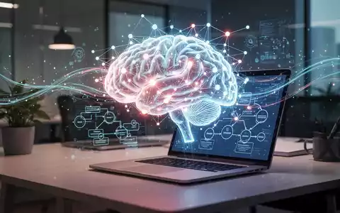 Leuchtendes, abstraktes KI-Gehirn über modernem Schreibtisch mit Laptop, Symbol für KI-Tools und Automatisierung im Büro. - Foto: über boerse-global.de