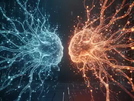 Abstrakte Darstellung zweier leuchtender neuronaler Netze, eines expandierend und dominanter, symbolisiert Marktanteilsverschiebungen in der KI. - Foto: über boerse-global.de
