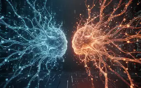 Abstrakte Darstellung zweier leuchtender neuronaler Netze, eines expandierend und dominanter, symbolisiert Marktanteilsverschiebungen in der KI. - Foto: über boerse-global.de