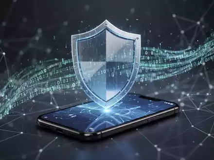 Ein stilisiertes digitales Schild schützt ein Smartphone-Display vor Cyberbedrohungen und Spam, umgeben von binärem Code. - Foto: über boerse-global.de