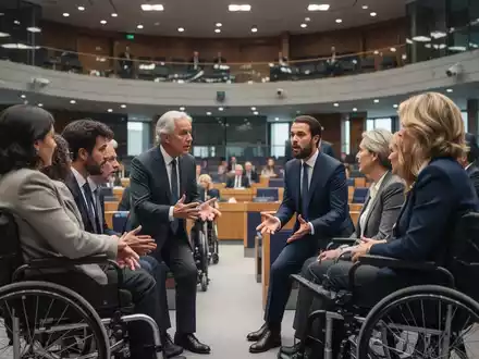 Eine Gruppe von Menschen, darunter einige mit Behinderungen, diskutiert in einem modernen Parlamentsgebäude über Gesetzgebung. - Foto: über boerse-global.de