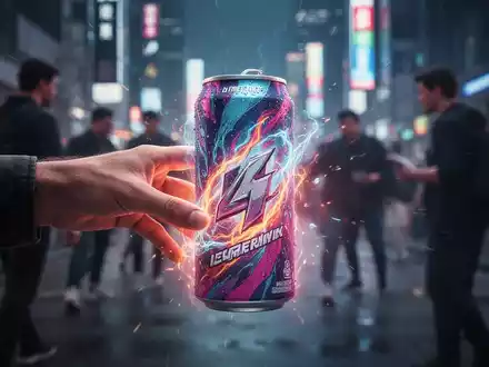 Eine Hand greift nach einer leuchtenden Energy-Drink-Dose in einer verschwommenen urbanen Umgebung, die Reiz und Risiko symbolisiert. - Foto: über boerse-global.de