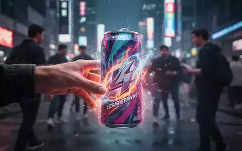 Eine Hand greift nach einer leuchtenden Energy-Drink-Dose in einer verschwommenen urbanen Umgebung, die Reiz und Risiko symbolisiert. - Foto: über boerse-global.de