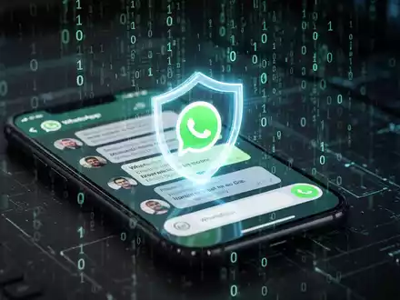 Smartphone-Bildschirm mit WhatsApp-Chat, leuchtendem Sicherheitsschild und Binärcode-Überlagerung. - Foto: über boerse-global.de
