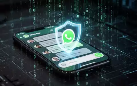 Smartphone-Bildschirm mit WhatsApp-Chat, leuchtendem Sicherheitsschild und Binärcode-Überlagerung. - Foto: über boerse-global.de