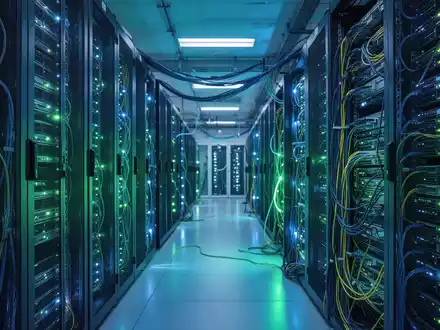 Ein modernes Rechenzentrum mit leuchtenden Server-Racks und Netzwerkkabeln, das Technologie und Energieeffizienz symbolisiert. - Foto: über boerse-global.de