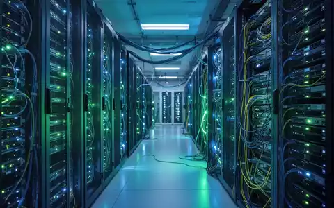 Ein modernes Rechenzentrum mit leuchtenden Server-Racks und Netzwerkkabeln, das Technologie und Energieeffizienz symbolisiert. - Foto: über boerse-global.de