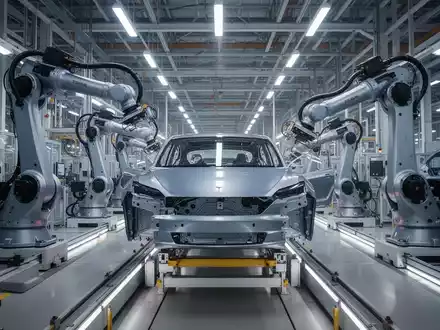Roboterarme montieren Karosserien auf einem futuristischen Fließband in einer großen, modernen Elektroauto-Fabrik. - Foto: über boerse-global.de