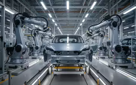 Roboterarme montieren Karosserien auf einem futuristischen Fließband in einer großen, modernen Elektroauto-Fabrik. - Foto: über boerse-global.de
