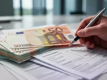Ein Stapel Euro-Banknoten, teilweise verdeckt von Steuerdokumenten, mit einer Hand, die einen Stift über einem Formular hält. - Foto: über boerse-global.de