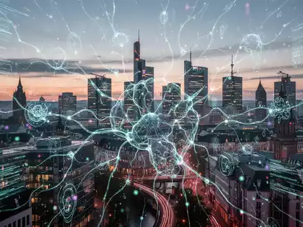 Futuristische Skyline Frankfurts in der Dämmerung, digitale Datenströme und KI-Muster betonen Deutschlands digitale Transformation. - Foto: über boerse-global.de